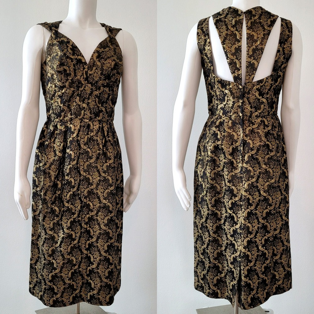 Vintage Cocktail Dress Women M? Black Gold Brocade 50's - 60's USA Union Made